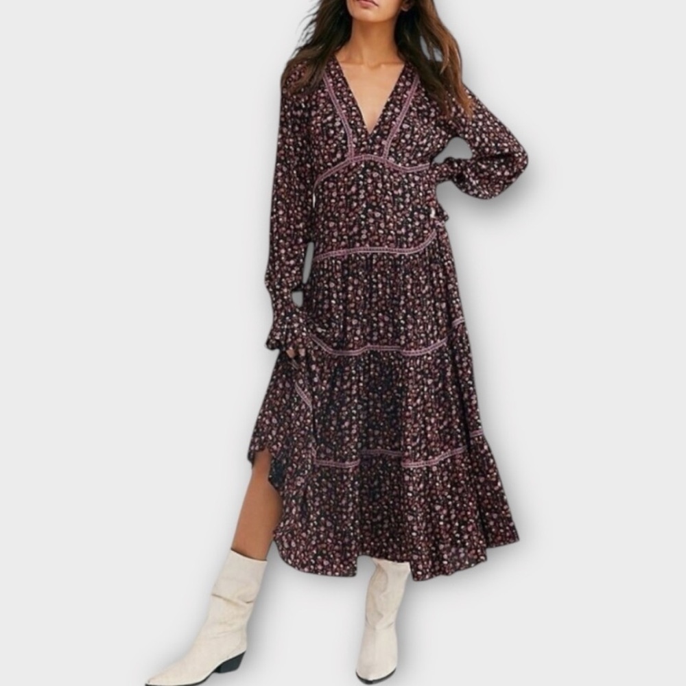 FREE PEOPLE Take A Little Time Floral Midi Tiered Dress Size 4